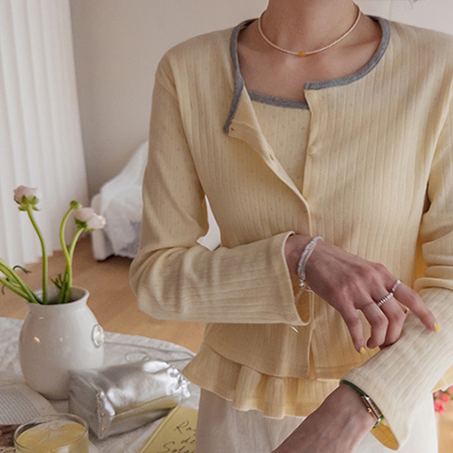 美利奴羊毛可爱廓形自褶边纳什开衫套装 [尺码：F (55~66)]