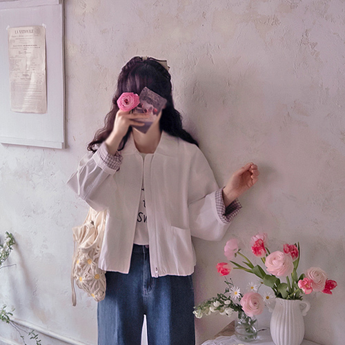 Annemount 袖子格纹撞色设计，纯色纱线，生物水洗上衣 [尺码：F (55-66)]