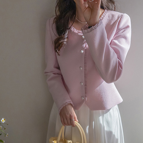 【新品特价，立减8000韩元】 <FONT color=#5a3954>MADE LIN</font> Arbe 欧根纱荷叶边粗布外套套装【尺码：F (55~66)】