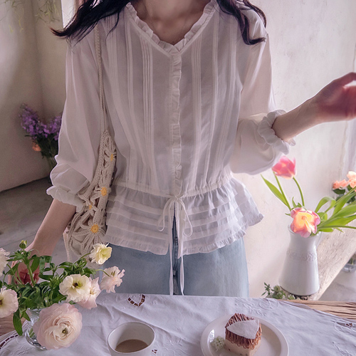 丁香领口弹簧褶裥腰带可调节宽松女式上衣 [尺码：F (55~66)]