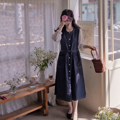 【新品特惠，立减6000韩元】 <FONT color=#5a3954>MADE LIN</font> Christine & Burton 优雅修身日常牛仔连衣裙【尺码：F(55~66)】