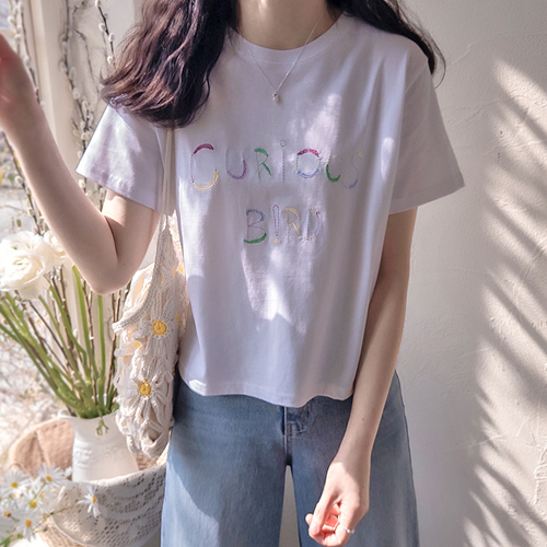 Quribird 刺绣字母可爱短袖T恤 [尺码：F(55~66)]