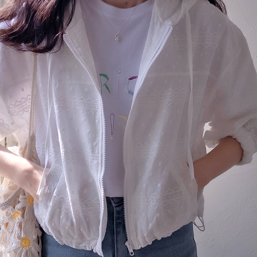 春季褶皱连帽衫 可爱圆点刺绣 轻薄拉链套头衫 [尺码：女款(55~66)]