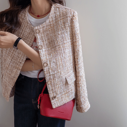 【奢华精致】Le Elly 亮片金属多色柳叶混纺粗花呢外套【尺码：F(55~66)】