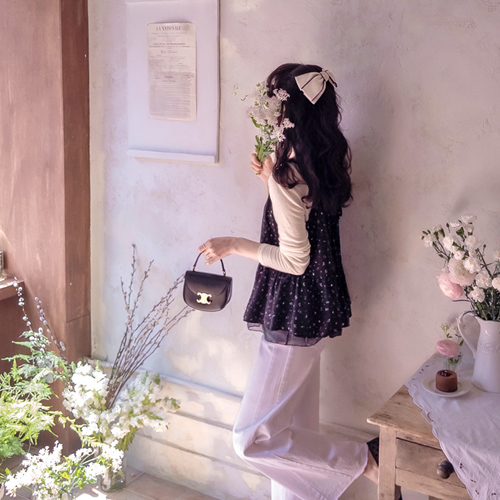 Genus Flower 透视撞色可调节后背缎带胸衣 [尺码：F(55~66)] 