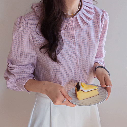 罗塞拉褶皱荷叶领蓬松袖格纹细褶女式衬衫 [尺码：F(55~66)]