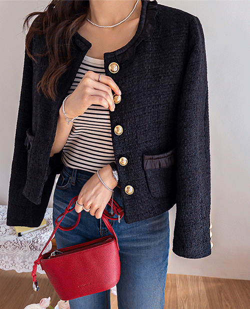 【经典风格/婚礼宾客造型】Melocha 荷叶边领春季粗花呢金色纽扣套装【尺码：M、L】