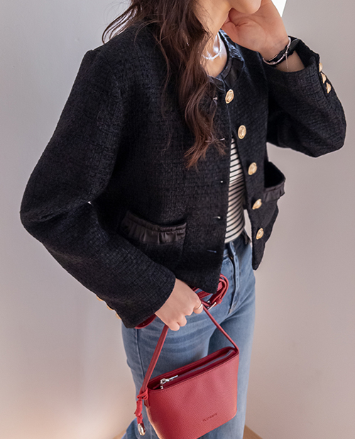 【经典风格/婚礼宾客造型】Melocha 荷叶边领春季粗花呢金色纽扣套装【尺码：M、L】