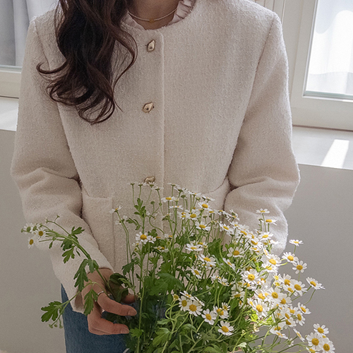 Anne Gold 纽扣尖领圆领粗花呢外套 [尺码：F(55~66)]