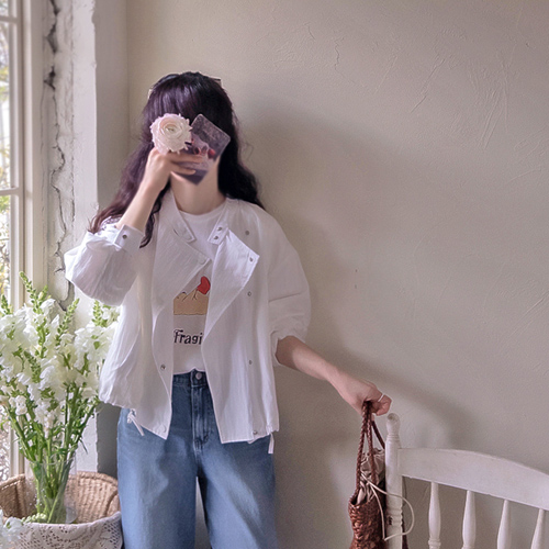 柔和色调纽扣湿润褶皱弹性轻便外套 [尺码：F(55~66)]