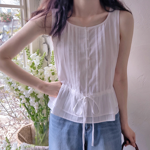 【LABEL】Road Pintuck 纯条纹图案可调节腰身可爱无袖上衣 [尺码：F(55~66)]