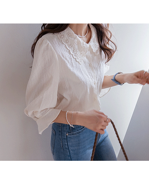 石片花朵冲孔领花纽扣可爱女式衬衫 [尺码：F(55~66)]