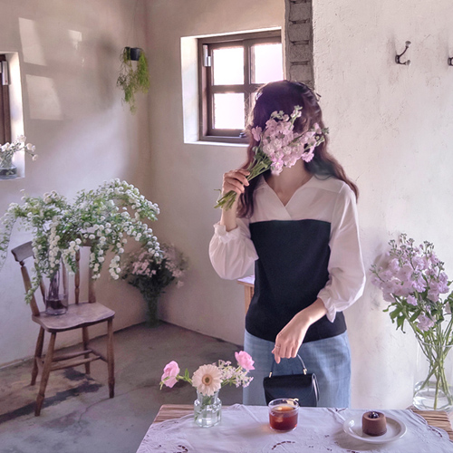 Sullivan Lovely Collar Stretch Robbed Color Block Women's Shirt [size:F(55~66)]