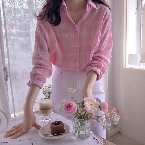 Jenny 褶皱 Bombom 格纹日常精致女式衬衫 [尺码：F(55~66)]