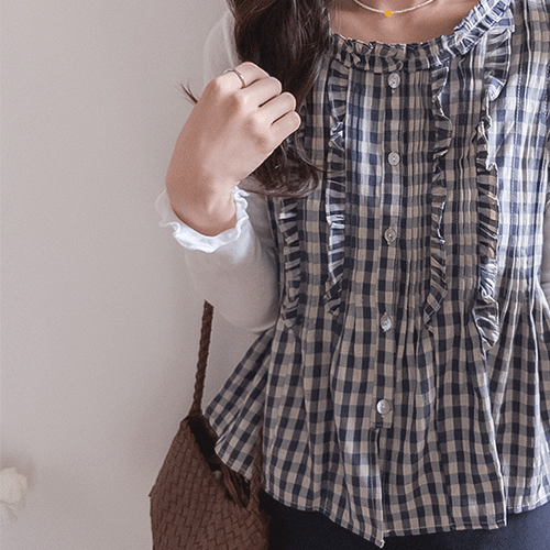Quri 褶裥荷叶边格纹露背女式衬衫 [尺码：F(55~66.5)]