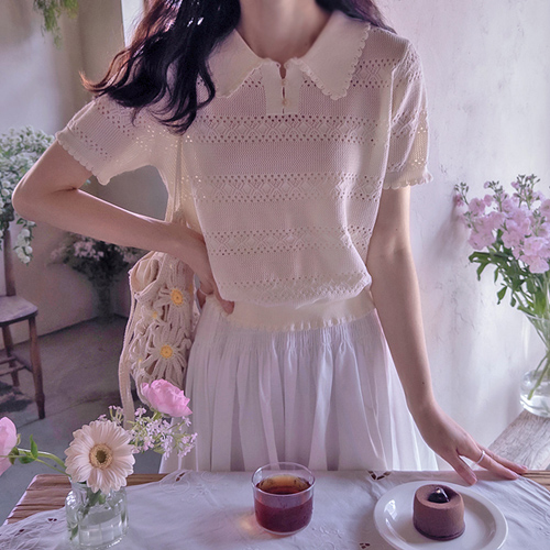 安娜打孔可爱波浪领舒适弹力缝纫衬衫[[size:F(55~66)]