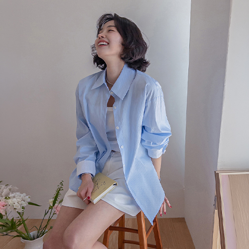 【新品特惠,立减10,000韩元】MADE LIN 锤纹腰带可调节条纹衬衫【尺码:女款(55~66)】