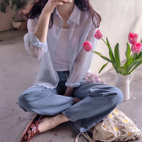 心形珍珠贝母纽扣褶皱天丝春夏修身女士衬衫 [尺码：F(55~66)]