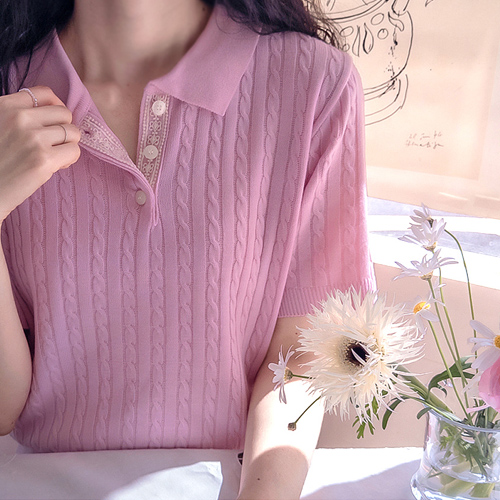 Anne Heights蕾丝撞色花卉刺绣带麻花图案刺绣衬衫 [尺码：F(55~66)] 磅刺绣衬衫