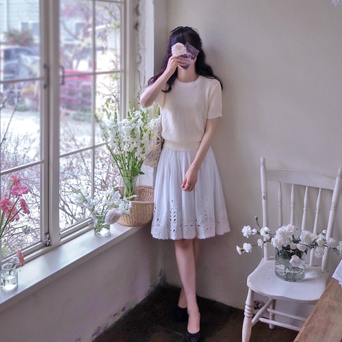 Plancia 镂空花卉刺绣烟灰色腰带半身裙 [尺码：F(55~66)]