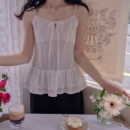 Jessie Ribbon 纯条纹图案下摆褶皱可调节肩带无袖上衣 [尺码：F(55~66)]