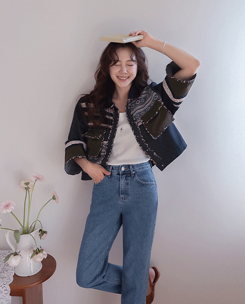 【塑身修身/结实面料】Soléa民族风撞色口袋牛仔外套【尺码：女款(55~66)】