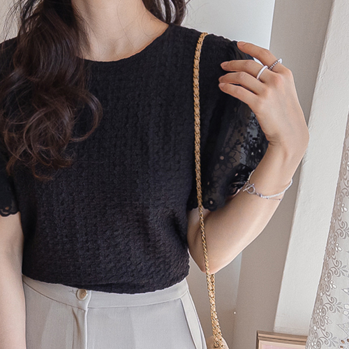 [芝士弹力] Malena浪漫压纹蕾丝袖衬衫T恤 [尺码：F(55~66)]