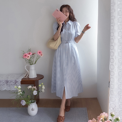 Aelo 细条纹衬衫领半身裙 [尺码：F(55~66)]