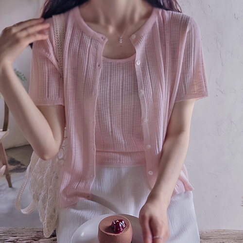 精致罗纹图案修身清爽无袖上衣及无袖套装 [尺码：F(55~66)]