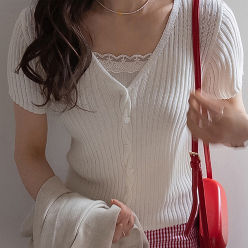 Meina 前开襟锯齿形纽扣短袖开衫 [尺码：F(55~66)]