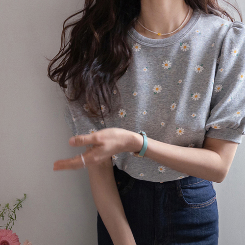 Levine 可爱花朵刺绣短袖泡泡袖运动衫 [尺码：F(55~66)]