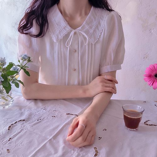 高级蕾丝领褶裥清凉精致修身女式衬衫 [尺码：F(55~66)]