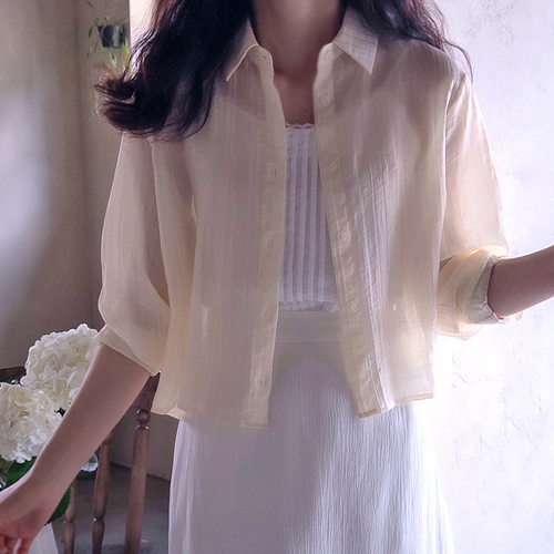 【新品特惠，立减7000韩元】 <FONT color=#5a3954>MADE LIN</font> Jekerson 精致印花轻薄夏季女式衬衫 [尺码：F(55~66),L(77)]
