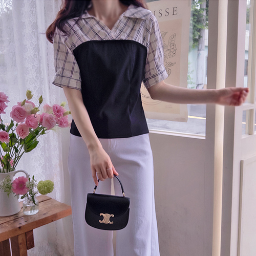 Anna 领夏季格纹弹力氨纶罗纹撞色女式衬衫 [尺码：F(55~66)]