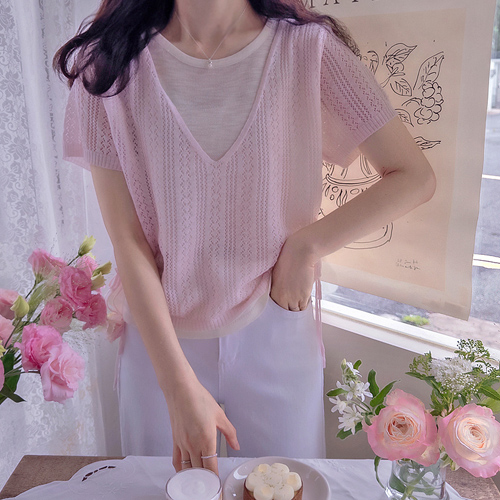 Flandia 侧系带夏季打孔层叠针织衬衫 [尺码：F(55~66)]