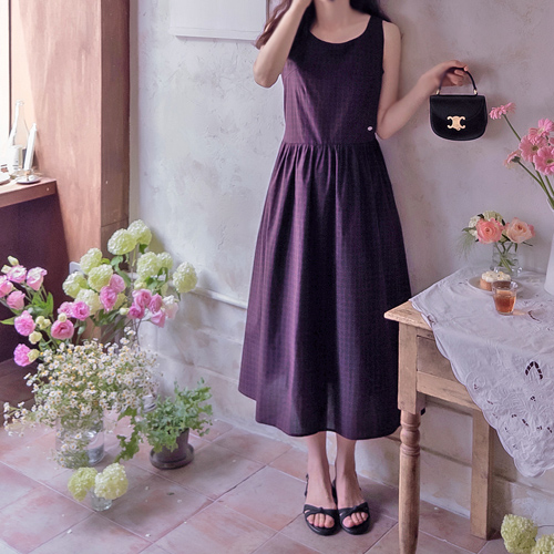 【新品特惠 15% 折扣】 <FONT color=#5a3954>MADE LIN</font>吊坠夏季格纹清爽腰带优雅修身亚麻半身裙 [尺码：F(55~66),L(77)]