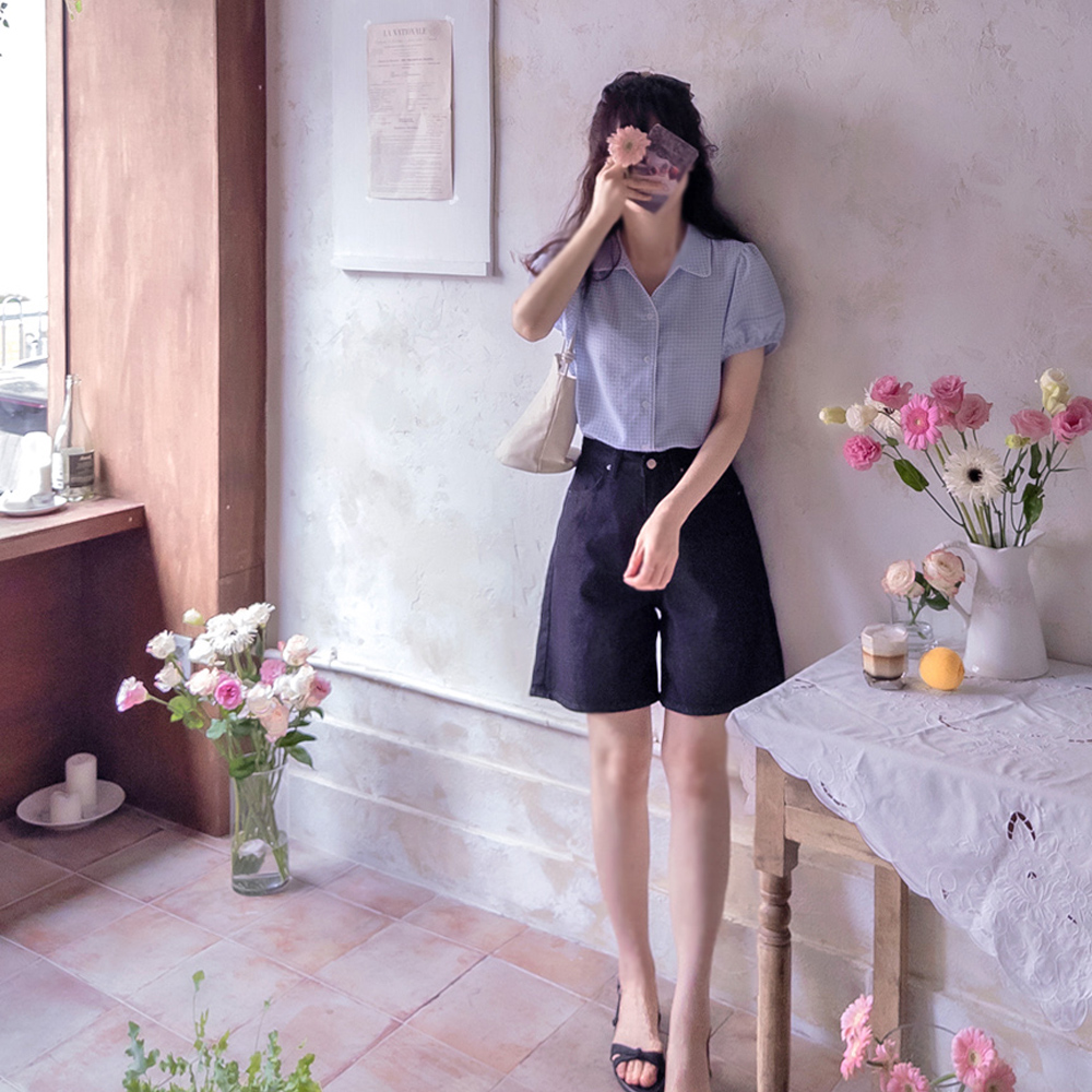 现代格纹泡泡纱夏季凉爽免烫女式衬衫 [尺码：F(55~66)]