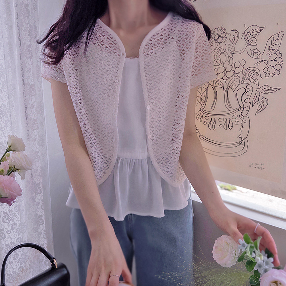 [新品特价4,000韩元折扣] <FONT color=#5a3954>MADE LIN</font> Annere 夏季印花蕾丝无扣女短上衣感觉短袖开衫 [size: F(55~66)]