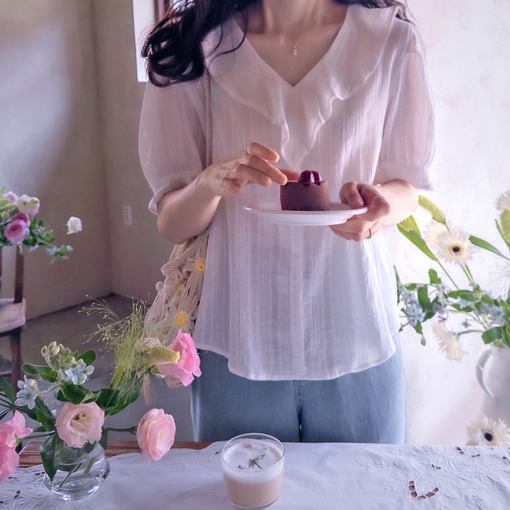 Melo Charing 纯条纹图案清凉夏季女式衬衫 [尺码：F(55~66)]
