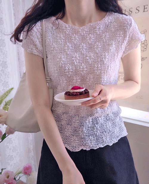 Kinrose 3D 立体花朵真丝弹力氨纶修身夏季T恤 [尺码：F(55~66)]