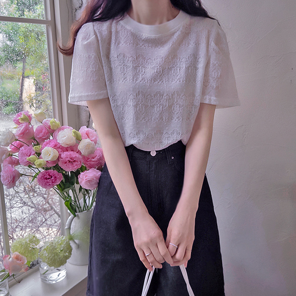 夏季甜美蕾丝编织清凉精致修身T恤 [尺码：F(55~66)]