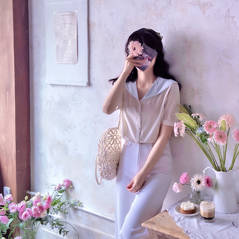 Rochen 条纹圆领优雅夏季女式衬衫 [尺码：F(55~66)]