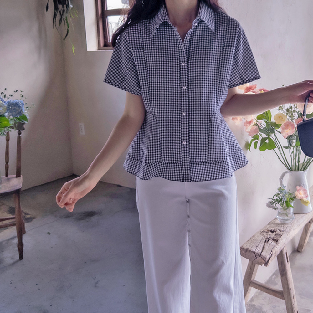 【新品特惠，立减7000韩元】 <FONT color=#5a3954>MADE LIN</font> Epik 高领夏季格纹清凉女式衬衫【尺码：F(55~66)】
