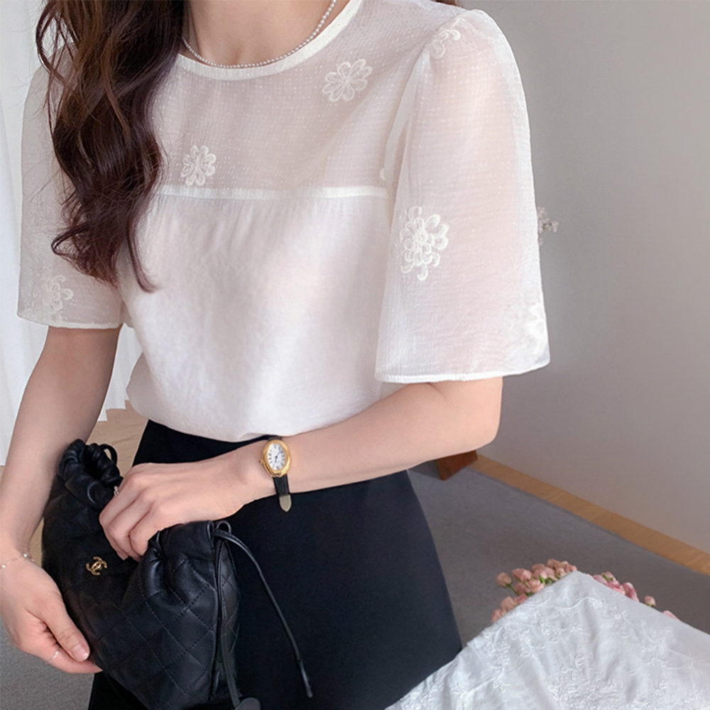 优雅花朵刺绣透明真丝短袖夏季女装【尺码:F(55~66)】