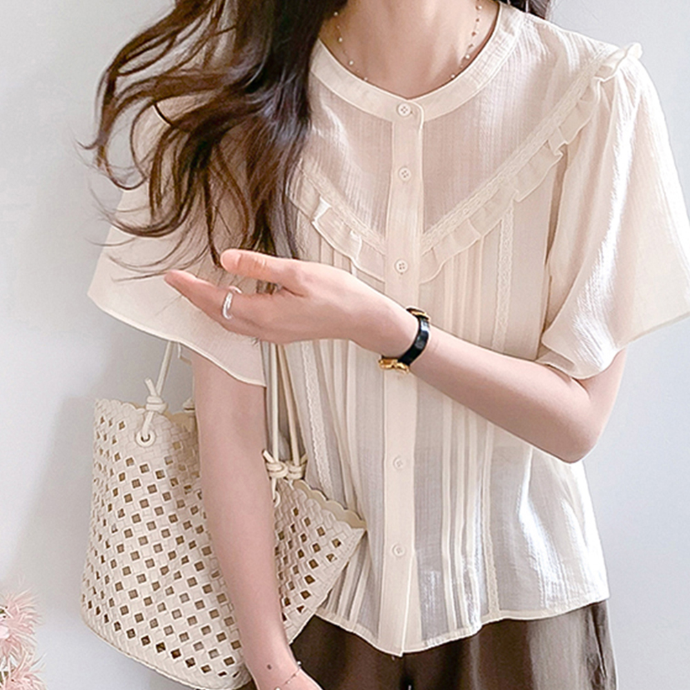 【新品特惠，立减8000韩元】 <FONT color=#5a3954>MADE LIN</font> Aleni 斜褶裥女式衬衫【尺码：F(55~66)】