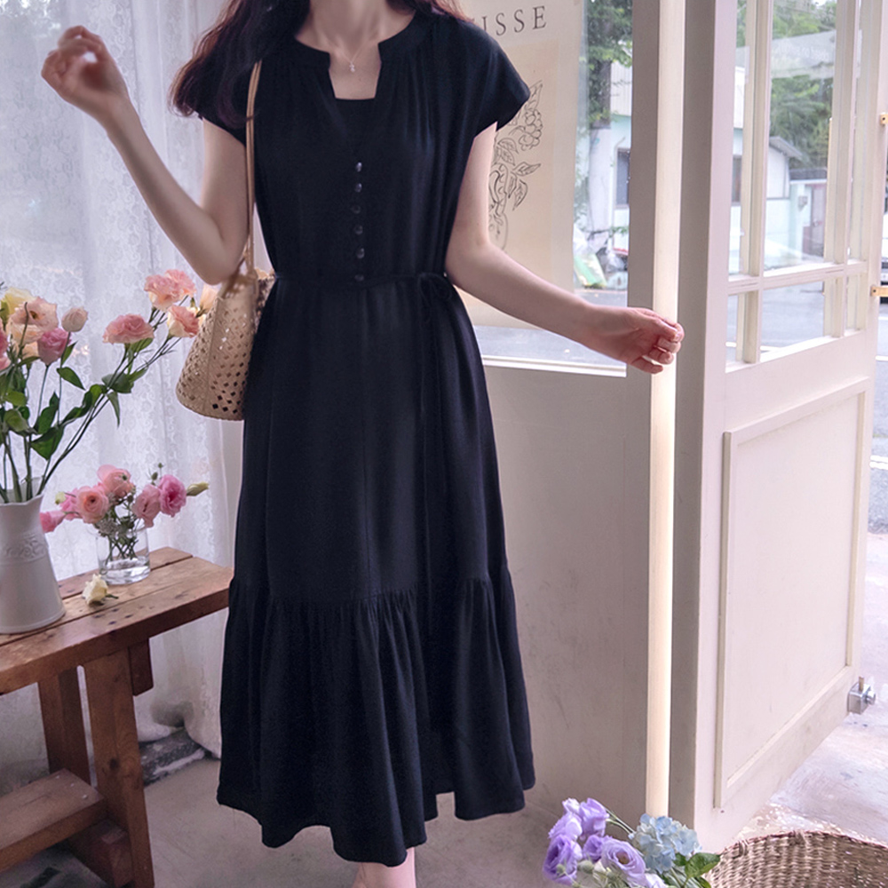 Difera 夏季褶皱吊带套装优雅修身半身裙 [尺码：F(55~66)]
