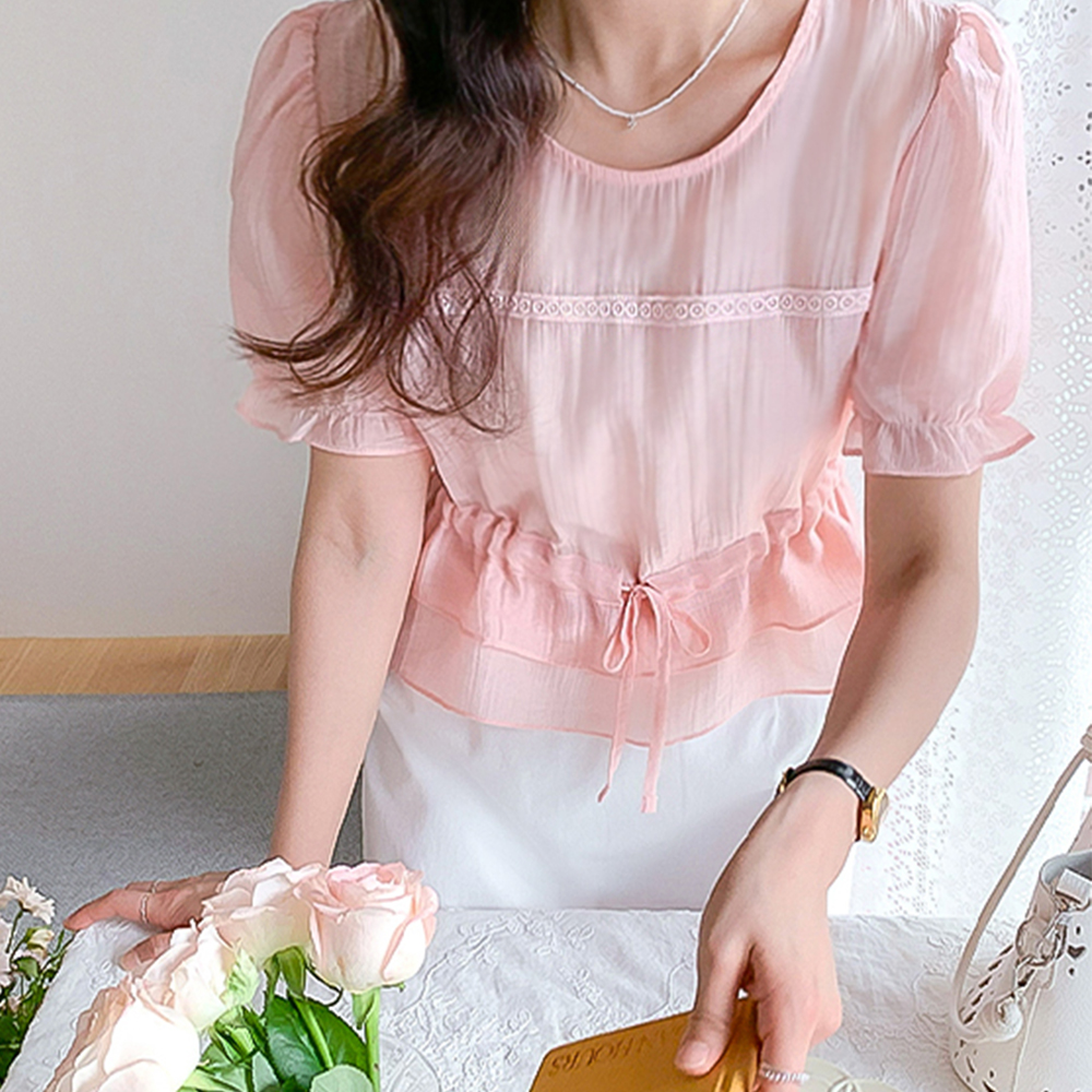 【新品特惠，立减6000韩元】 <FONT color=#5a3954>MADE LIN</font> Raibi 双层荷叶边飘逸女式上衣【尺码：F(55~66)】