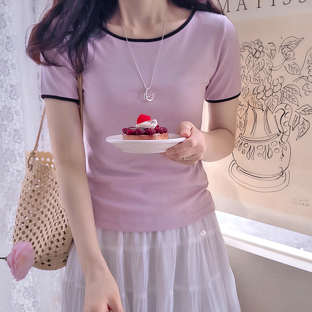 【新品特惠，立减5000韩元】 <FONT color=#5a3954>MADE LIN</font> T恤 弹力闪亮人造丝氨纶混纺短袖T恤 [尺码：女款(44~55)]