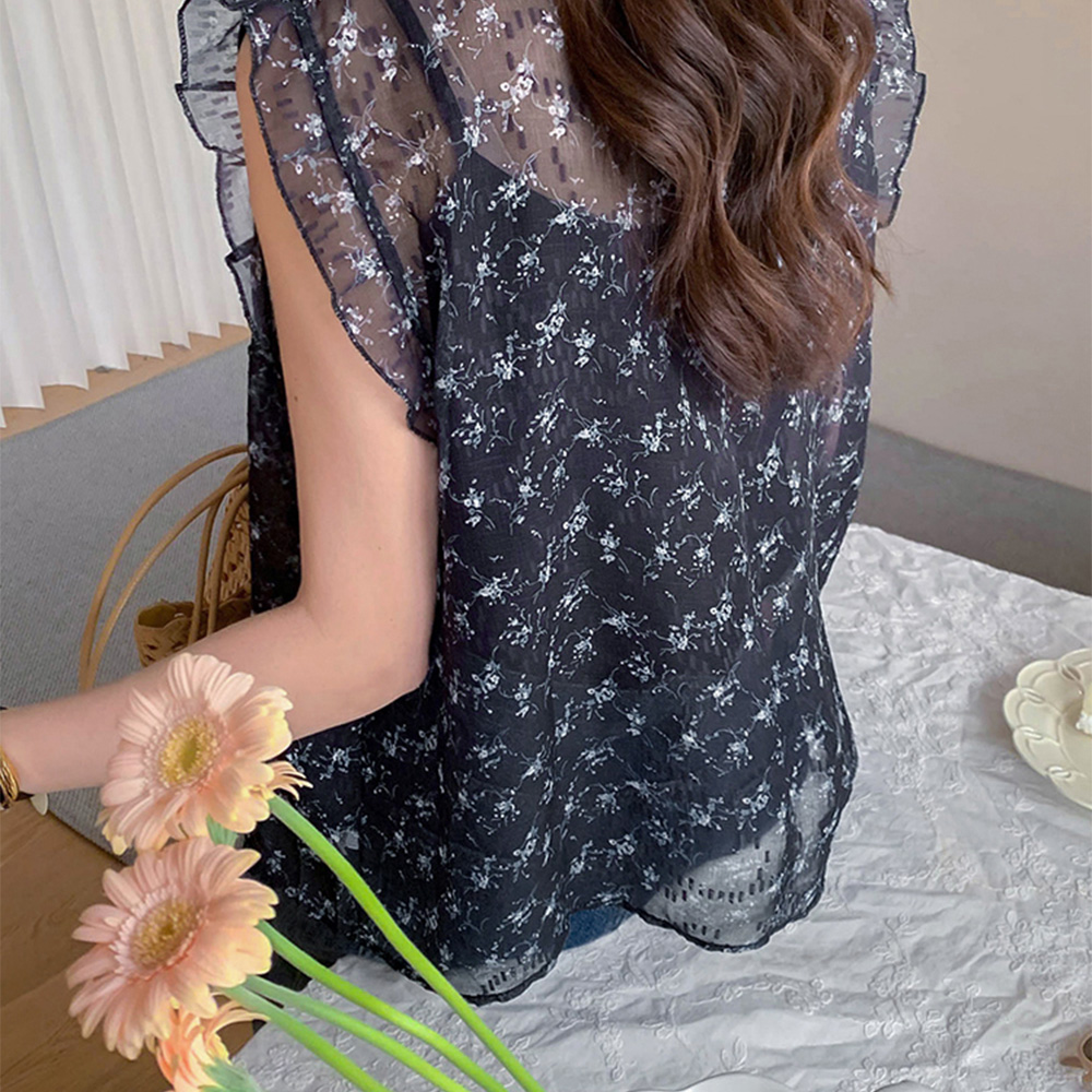 [Divide/Flowy Fit] Laurent 透明饰边荷叶边花卉 V 领露背女式衬衫 [尺码：F(55~66.5)]