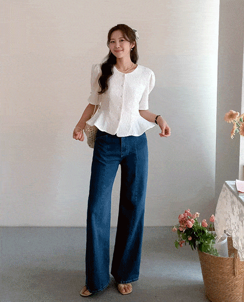 柔和、柔软、压花、泡泡袖褶皱短袖女式衬衫 [尺码：F(55~66)]
